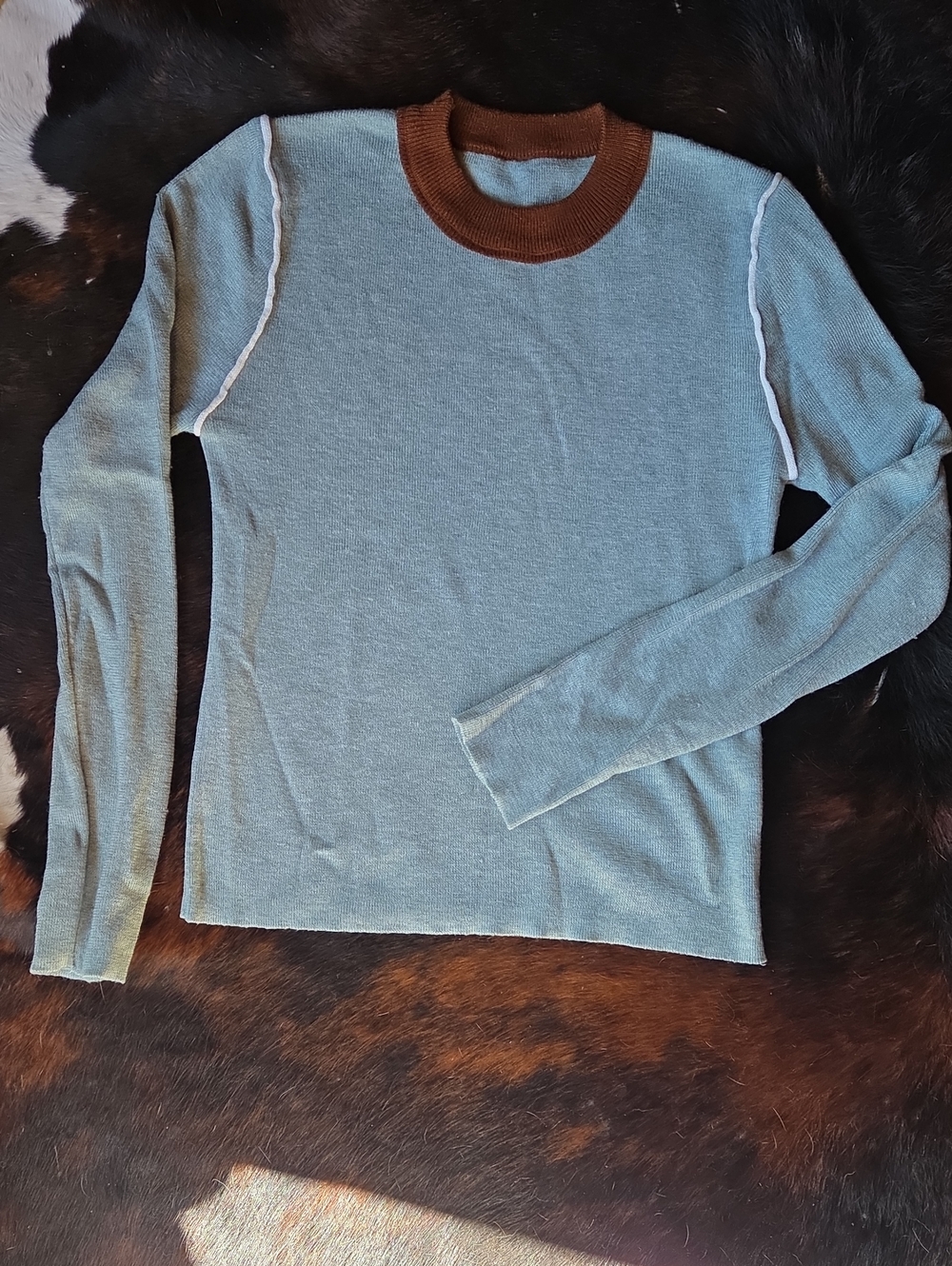 SHEIN Light Blue Crewneck Sweater with Brown Collar